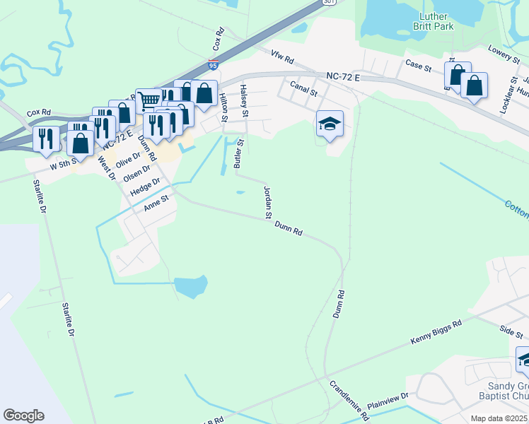map of restaurants, bars, coffee shops, grocery stores, and more near 801 Dunn Road in Lumberton