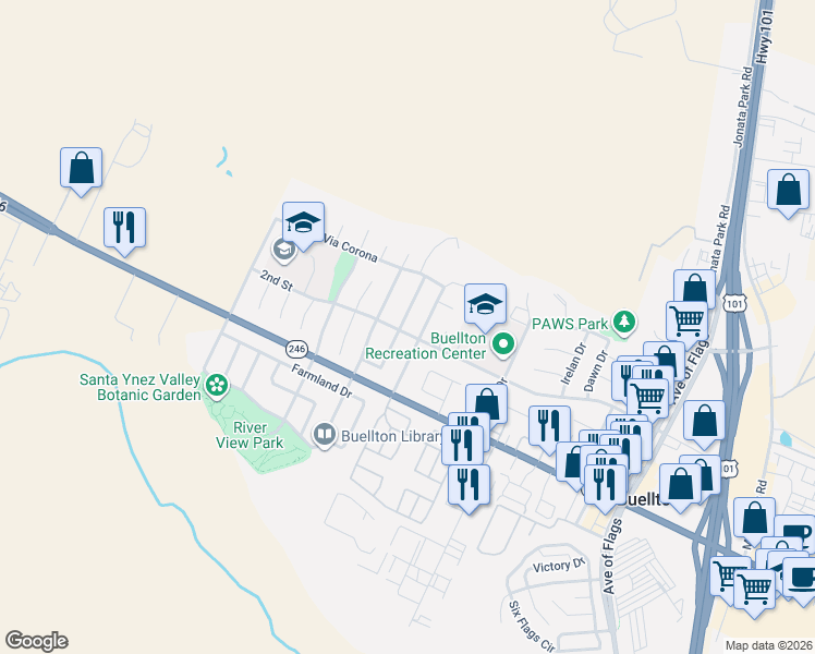 map of restaurants, bars, coffee shops, grocery stores, and more near 408 Arden Avenue in Buellton