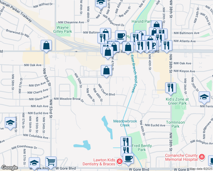 map of restaurants, bars, coffee shops, grocery stores, and more near 4705 Northwest Cheryl Boulevard in Lawton