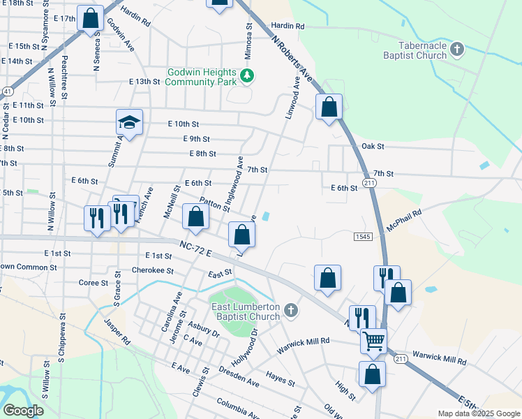 map of restaurants, bars, coffee shops, grocery stores, and more near 530 Linwood Avenue in Lumberton