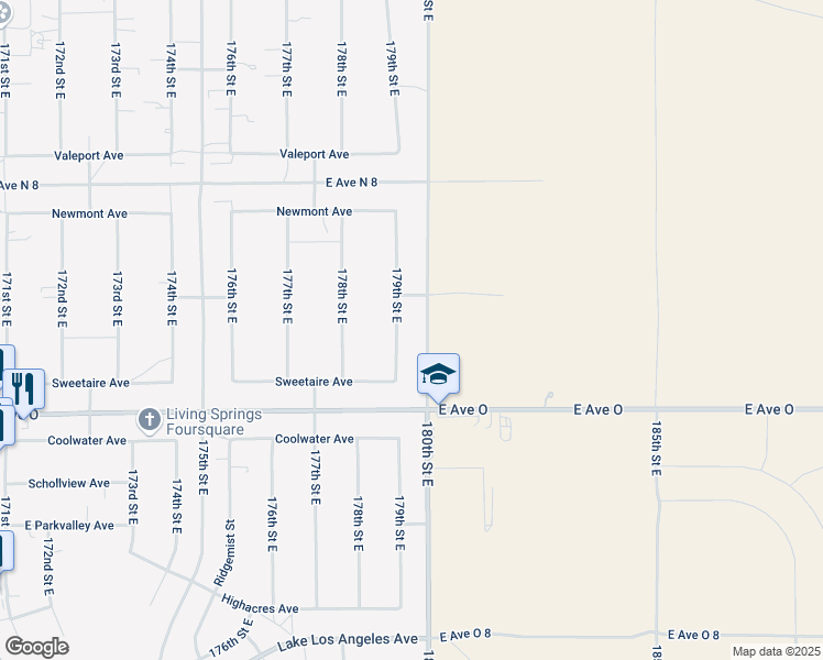 map of restaurants, bars, coffee shops, grocery stores, and more near 40534 179th Street East in Lancaster