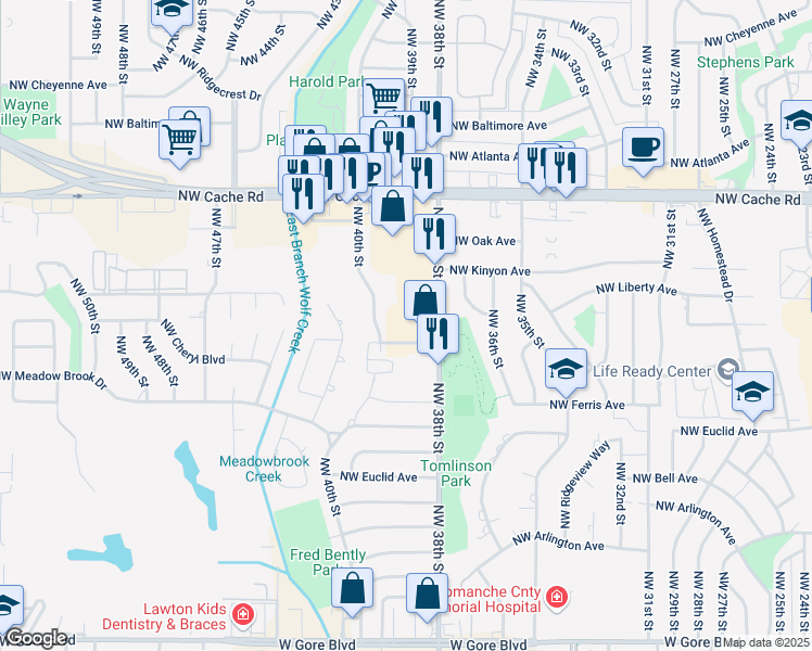 map of restaurants, bars, coffee shops, grocery stores, and more near 1200-1214 Northwest Elm Avenue in Lawton