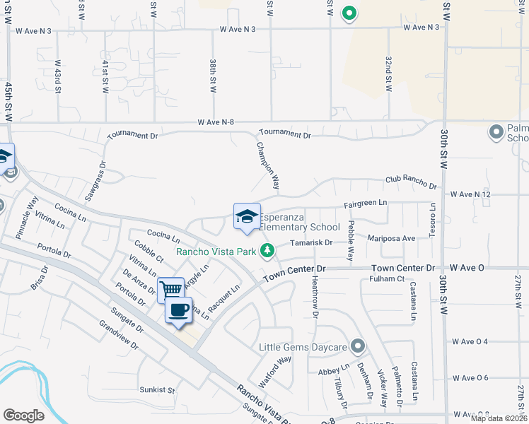 map of restaurants, bars, coffee shops, grocery stores, and more near 3613 Fairgreen Lane in Palmdale