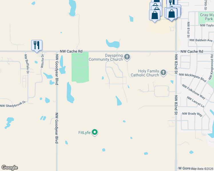map of restaurants, bars, coffee shops, grocery stores, and more near Northwest Saint James Place in Lawton