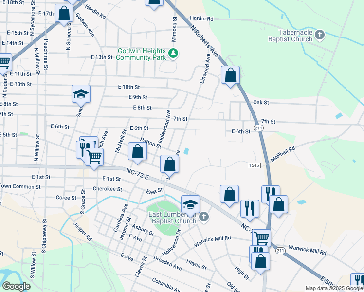 map of restaurants, bars, coffee shops, grocery stores, and more near 530 Linwood Avenue in Lumberton
