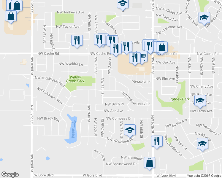 map of restaurants, bars, coffee shops, grocery stores, and more near 1101 Northwest 73rd Street in Lawton