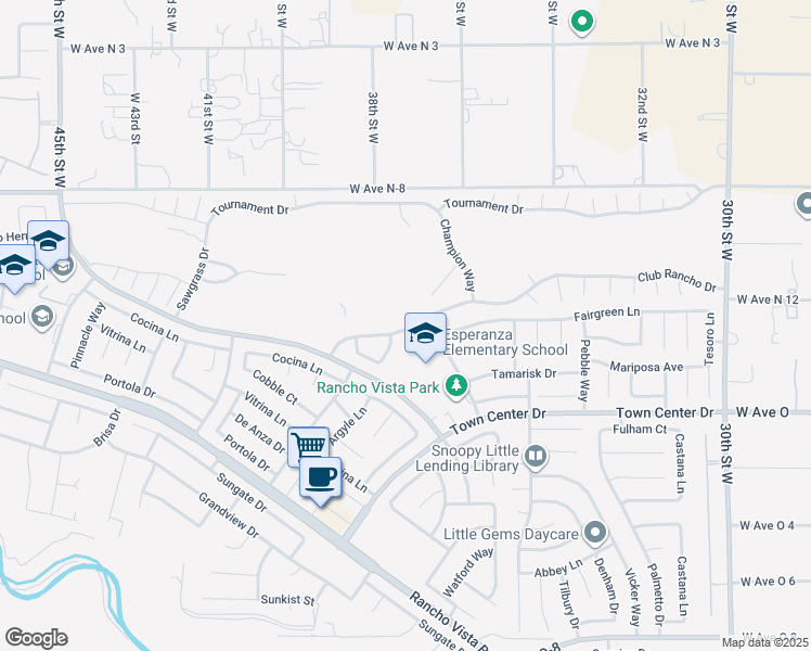 map of restaurants, bars, coffee shops, grocery stores, and more near 3715 Club Rancho Drive in Palmdale
