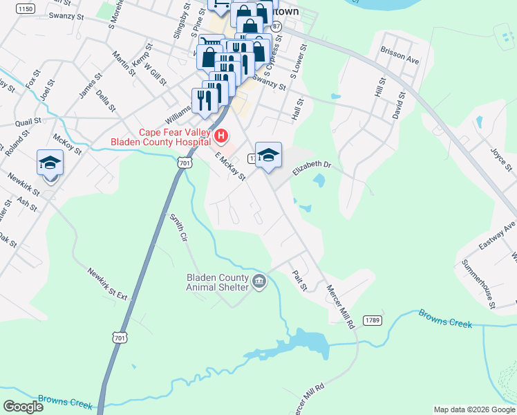 map of restaurants, bars, coffee shops, grocery stores, and more near 301-499 East McKay Street in Elizabethtown