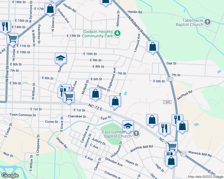 map of restaurants, bars, coffee shops, grocery stores, and more near 1403 Patton Street in Lumberton