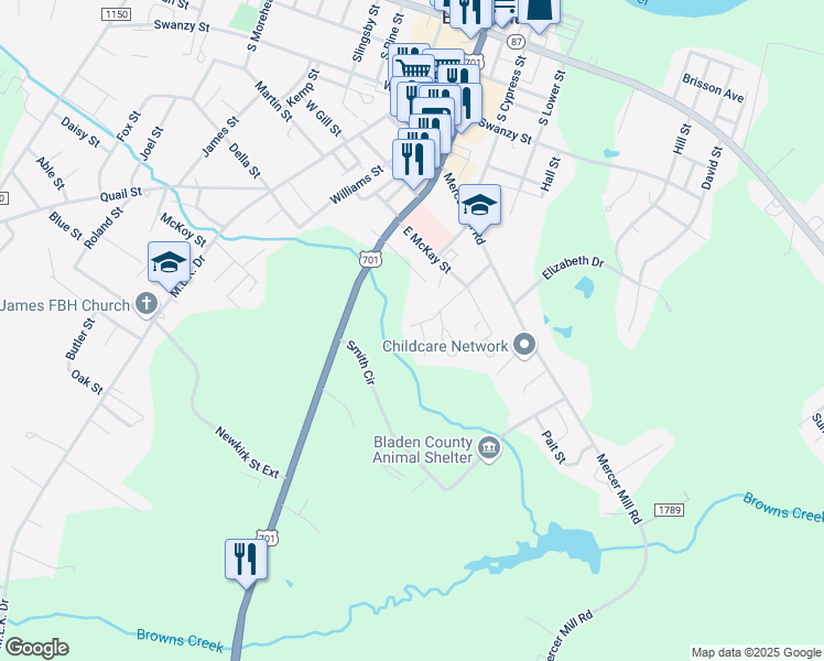 map of restaurants, bars, coffee shops, grocery stores, and more near 206 East McDowell Street in Elizabethtown