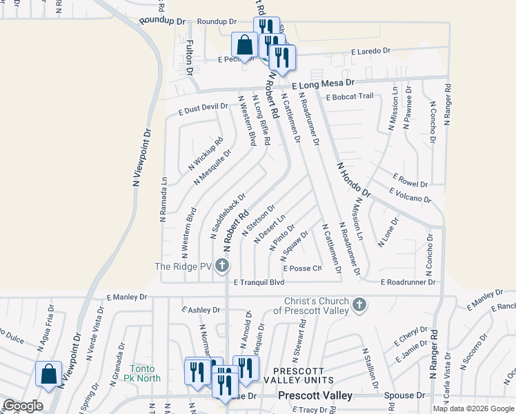 map of restaurants, bars, coffee shops, grocery stores, and more near 5330 North Robert Road in Prescott Valley