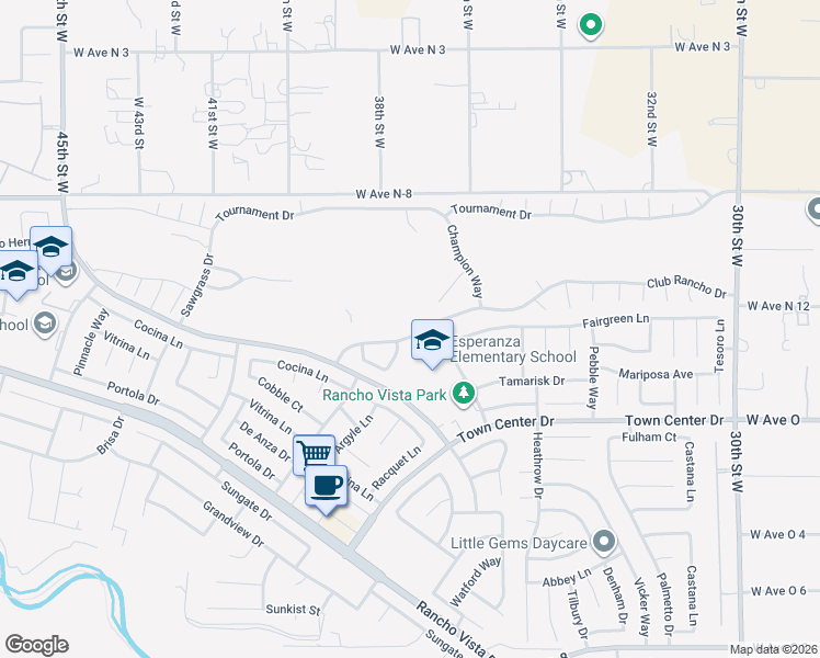 map of restaurants, bars, coffee shops, grocery stores, and more near 3715 Club Rancho Drive in Palmdale
