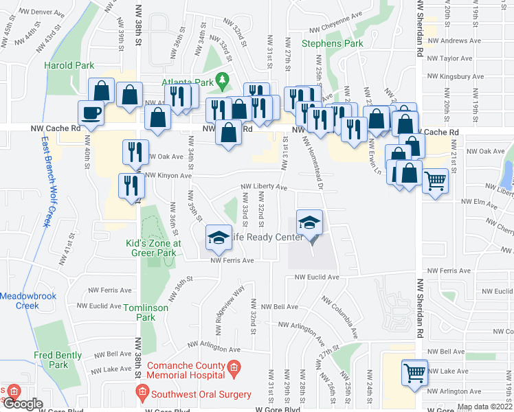 map of restaurants, bars, coffee shops, grocery stores, and more near 730 Northwest 32nd Street in Lawton