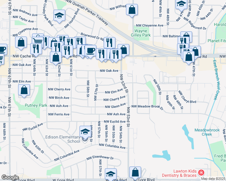 map of restaurants, bars, coffee shops, grocery stores, and more near 5319 Northwest Elm Avenue in Lawton