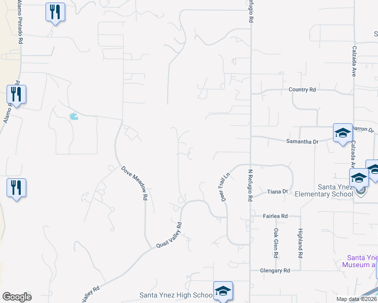 map of restaurants, bars, coffee shops, grocery stores, and more near 1340 Quail Ridge Road in Solvang