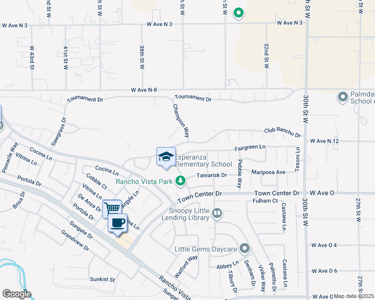 map of restaurants, bars, coffee shops, grocery stores, and more near 3537 Fairgreen Lane in Palmdale