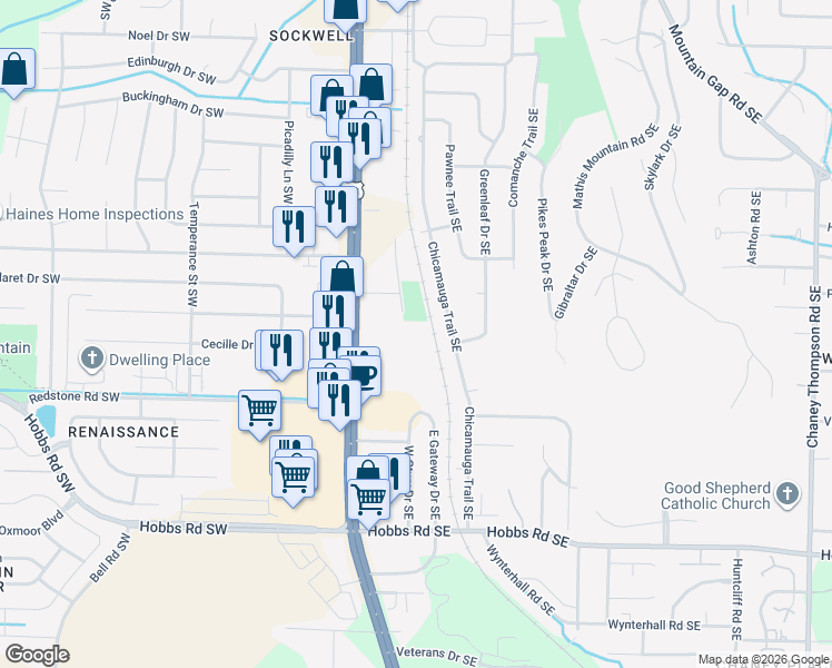 map of restaurants, bars, coffee shops, grocery stores, and more near 1535 Gilleland Road in Huntsville