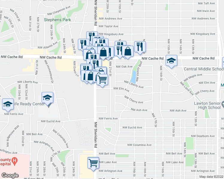 map of restaurants, bars, coffee shops, grocery stores, and more near 834 Northwest 20th Street in Lawton