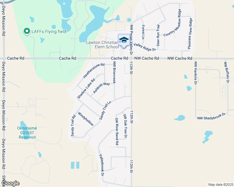 map of restaurants, bars, coffee shops, grocery stores, and more near 106 Sandy Trail Circle in Lawton