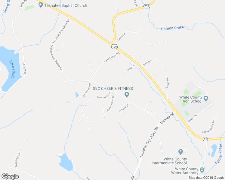 map of restaurants, bars, coffee shops, grocery stores, and more near Tesnatee Lane in Cleveland