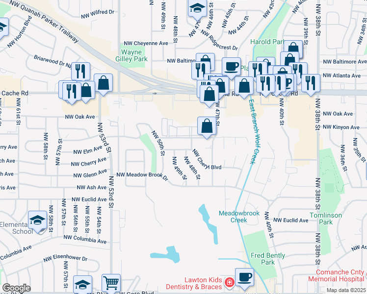 map of restaurants, bars, coffee shops, grocery stores, and more near 4809 Northwest Cheryl Boulevard in Lawton