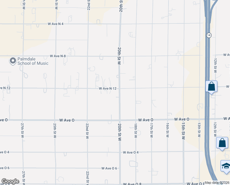 map of restaurants, bars, coffee shops, grocery stores, and more near 40555 20th Street West in Palmdale