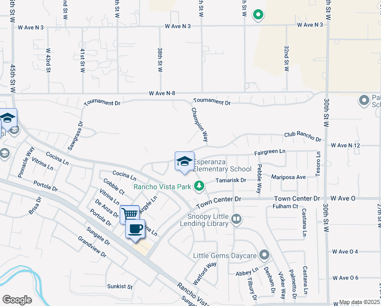 map of restaurants, bars, coffee shops, grocery stores, and more near 3537 Fairgreen Lane in Palmdale
