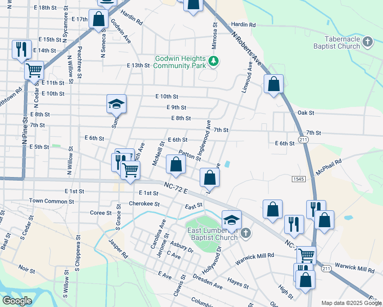 map of restaurants, bars, coffee shops, grocery stores, and more near 1307 Patton Street in Lumberton