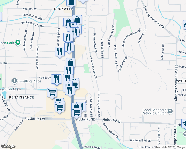 map of restaurants, bars, coffee shops, grocery stores, and more near 12220 Chicamauga Trail Southeast in Huntsville