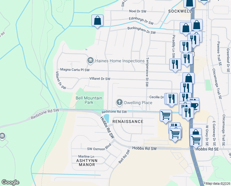 map of restaurants, bars, coffee shops, grocery stores, and more near 2223 Southpark Boulevard Southwest in Huntsville