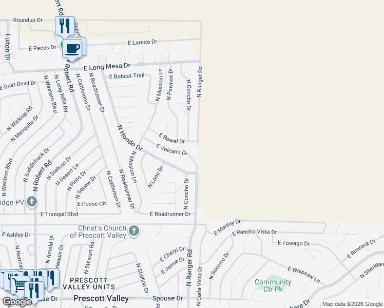 map of restaurants, bars, coffee shops, grocery stores, and more near 8940 East Volcano Drive in Prescott Valley