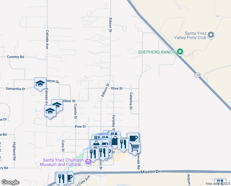map of restaurants, bars, coffee shops, grocery stores, and more near 3620 Olive Street in Santa Ynez