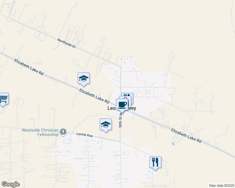 map of restaurants, bars, coffee shops, grocery stores, and more near 40505 90th Street West in Leona Valley