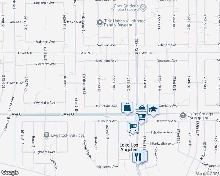 map of restaurants, bars, coffee shops, grocery stores, and more near 40577 168th Street East in Lake Los Angeles