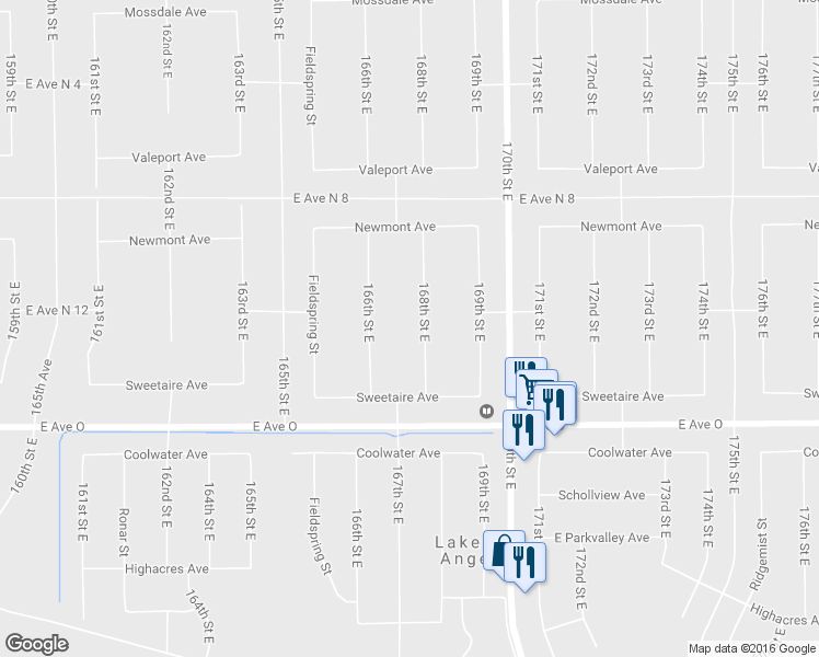 map of restaurants, bars, coffee shops, grocery stores, and more near 40577 168th Street East in Lake Los Angeles