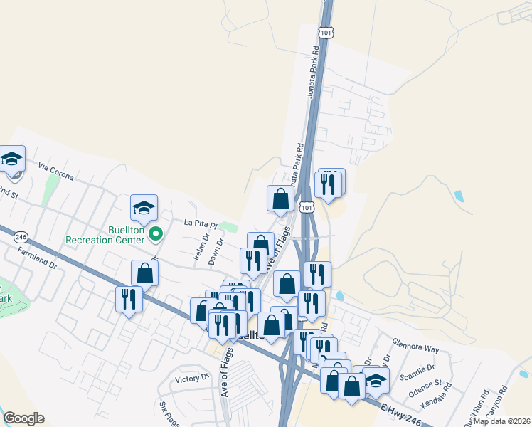 map of restaurants, bars, coffee shops, grocery stores, and more near 655 Central Avenue in Buellton