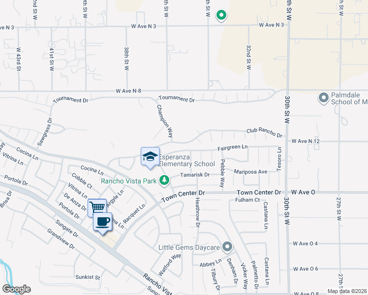 map of restaurants, bars, coffee shops, grocery stores, and more near 3507 Fairgreen Lane in Palmdale