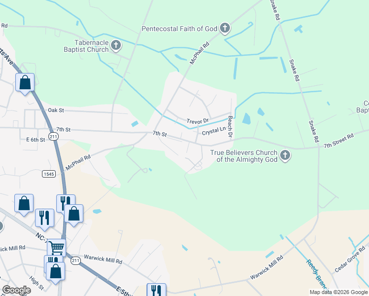 map of restaurants, bars, coffee shops, grocery stores, and more near 2405 East 7th Street in Lumberton