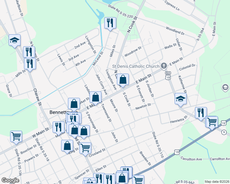 map of restaurants, bars, coffee shops, grocery stores, and more near 503 East Main Street in Bennettsville