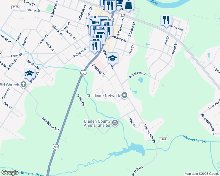 map of restaurants, bars, coffee shops, grocery stores, and more near 300 A East McKay Street in Elizabethtown