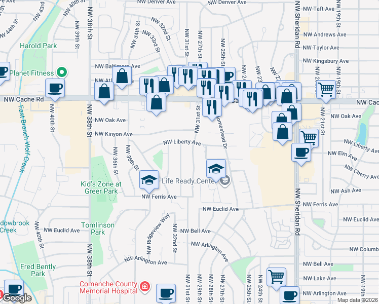 map of restaurants, bars, coffee shops, grocery stores, and more near 736 Northwest 31st Street in Lawton