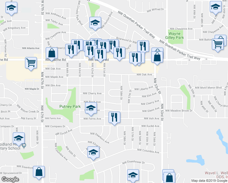 map of restaurants, bars, coffee shops, grocery stores, and more near 5810 Northwest Liberty Avenue in Lawton