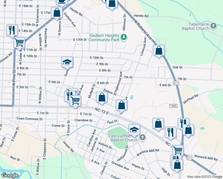 map of restaurants, bars, coffee shops, grocery stores, and more near 1307 Patton Street in Lumberton