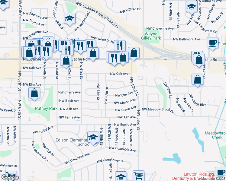 map of restaurants, bars, coffee shops, grocery stores, and more near 5332 Northwest Liberty Avenue in Lawton