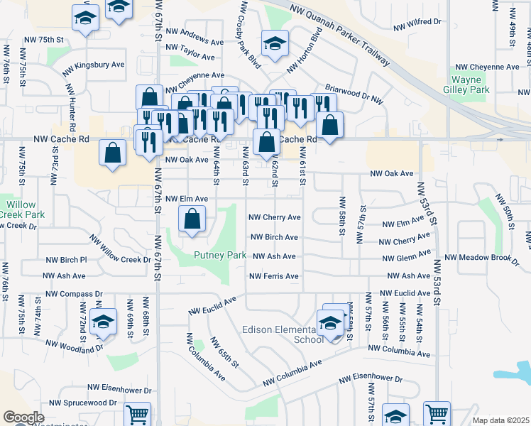 map of restaurants, bars, coffee shops, grocery stores, and more near 6205 Northwest Cherry Avenue in Lawton