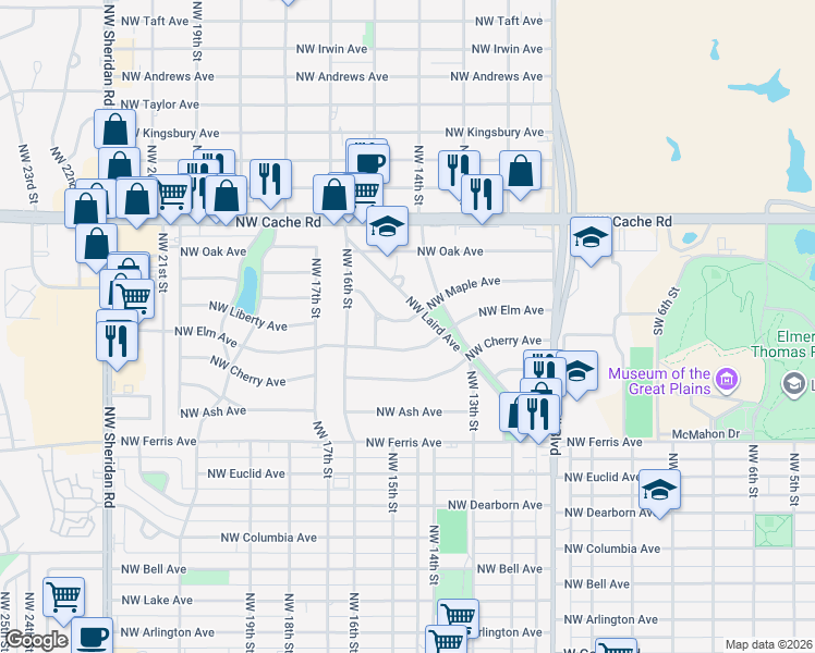 map of restaurants, bars, coffee shops, grocery stores, and more near 1306 Northwest Maple Avenue in Lawton