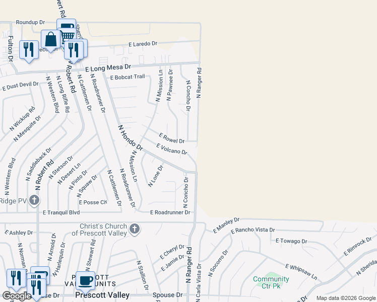 map of restaurants, bars, coffee shops, grocery stores, and more near 8940 East Volcano Drive in Prescott Valley