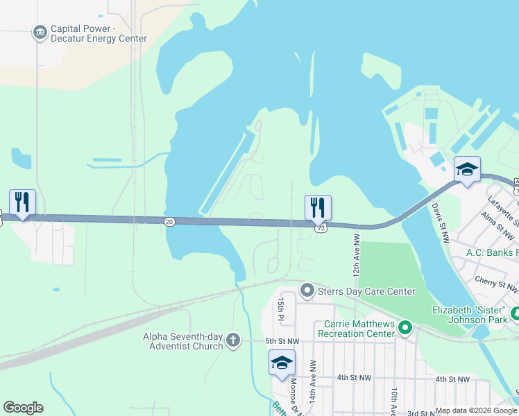 map of restaurants, bars, coffee shops, grocery stores, and more near 1500 Alabama 20 in Decatur
