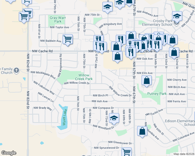 map of restaurants, bars, coffee shops, grocery stores, and more near 1109 Northwest 73rd Street in Lawton