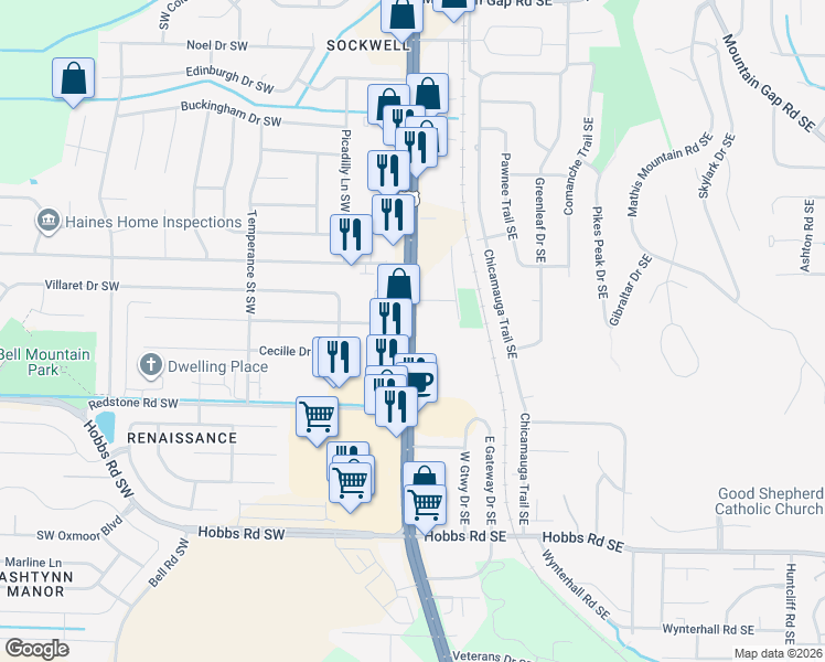 map of restaurants, bars, coffee shops, grocery stores, and more near 11563 Memorial Parkway Southwest in Huntsville